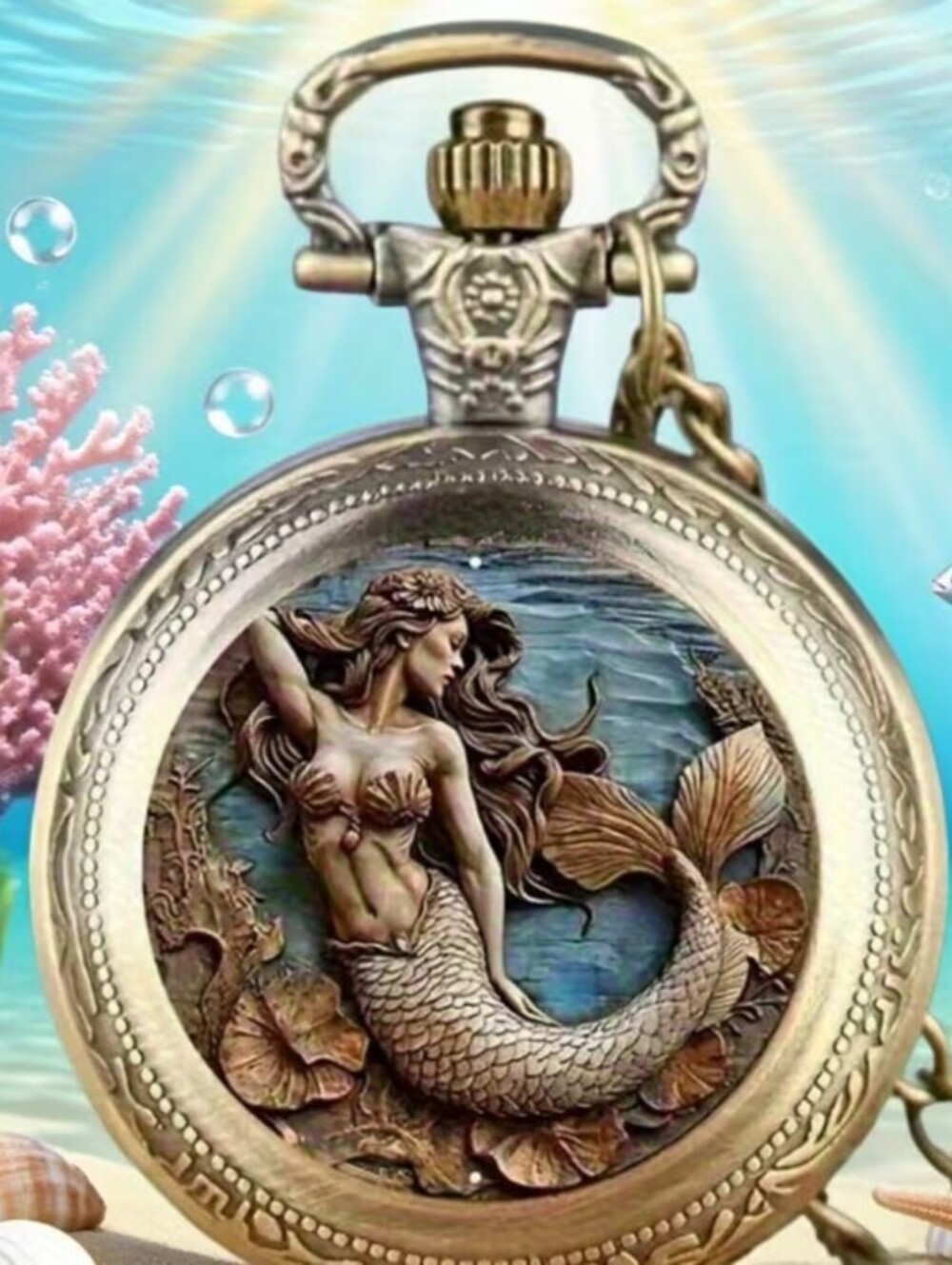 Vintage Style Bronze Mermaid Pocket Watch with Chain NWOT